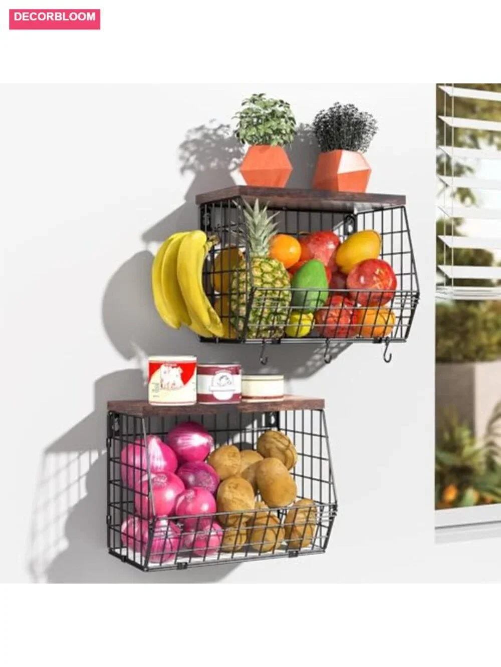 2 Tier Stackable Wire Fruit Basket with Lid and Banana Hooks